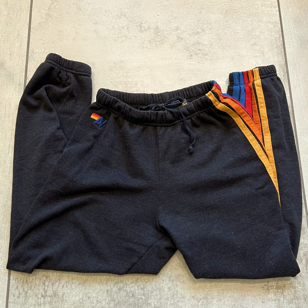 Aviator Nation Black Joggers with Rainbow Stripes